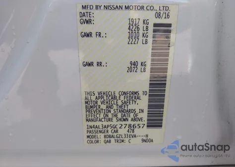 2016 Nissan Altima 2.5 S z USA, uszkodzony, nr VIN 1N4AL3AP5GC278657